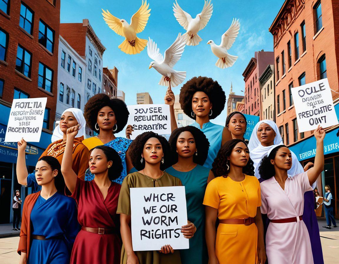 A powerful and evocative image of diverse women of different ethnicities standing together in unity, holding placards advocating for women's rights and reproductive freedom. The background features a vibrant cityscape with symbols of hope, such as doves and flowers. A warm, uplifting color palette conveys empowerment and resilience. super-realistic. vibrant colors. 3D.