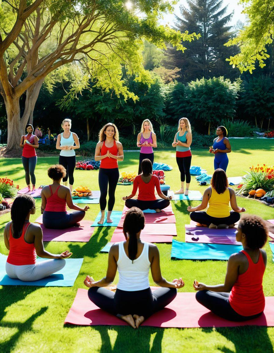 A diverse group of empowered women engaging in healthy lifestyle activities, such as cooking, exercising, and meditating in a sunlit park. Showcase vibrant fruits and vegetables around them, along with activewear and yoga mats. The atmosphere conveys a sense of community, strength, and hope. super-realistic. vibrant colors. white background.
