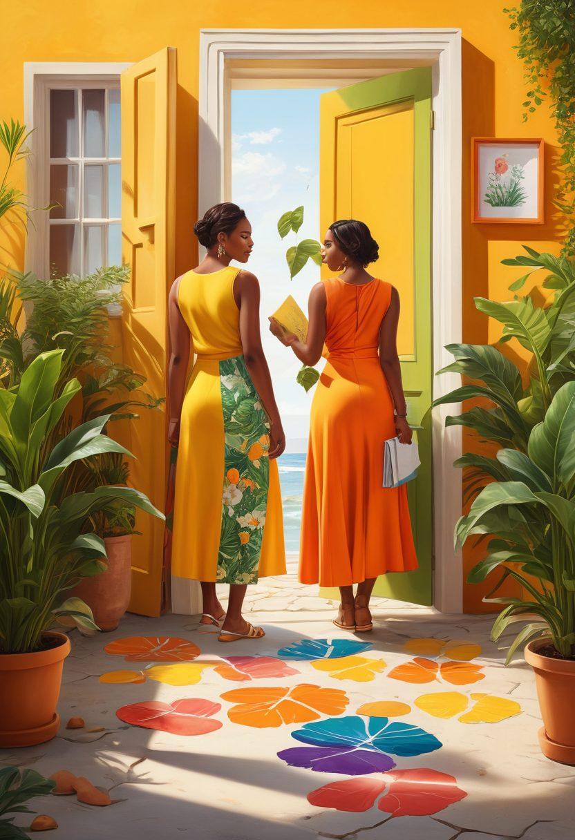 A vibrant and diverse group of women standing confidently together, each showcasing their unique style and individuality, surrounded by symbols of empowerment such as books, scales of justice, and flourishing plants. The background should radiate warmth with shades of pink and gold, symbolizing joy and freedom. Include elements representing personal choices like a palette of colors, footprints, and open doors. Artistic style should be uplifting and energetic, capturing the essence of celebration and autonomy. super-realistic. vibrant colors. sunny background.